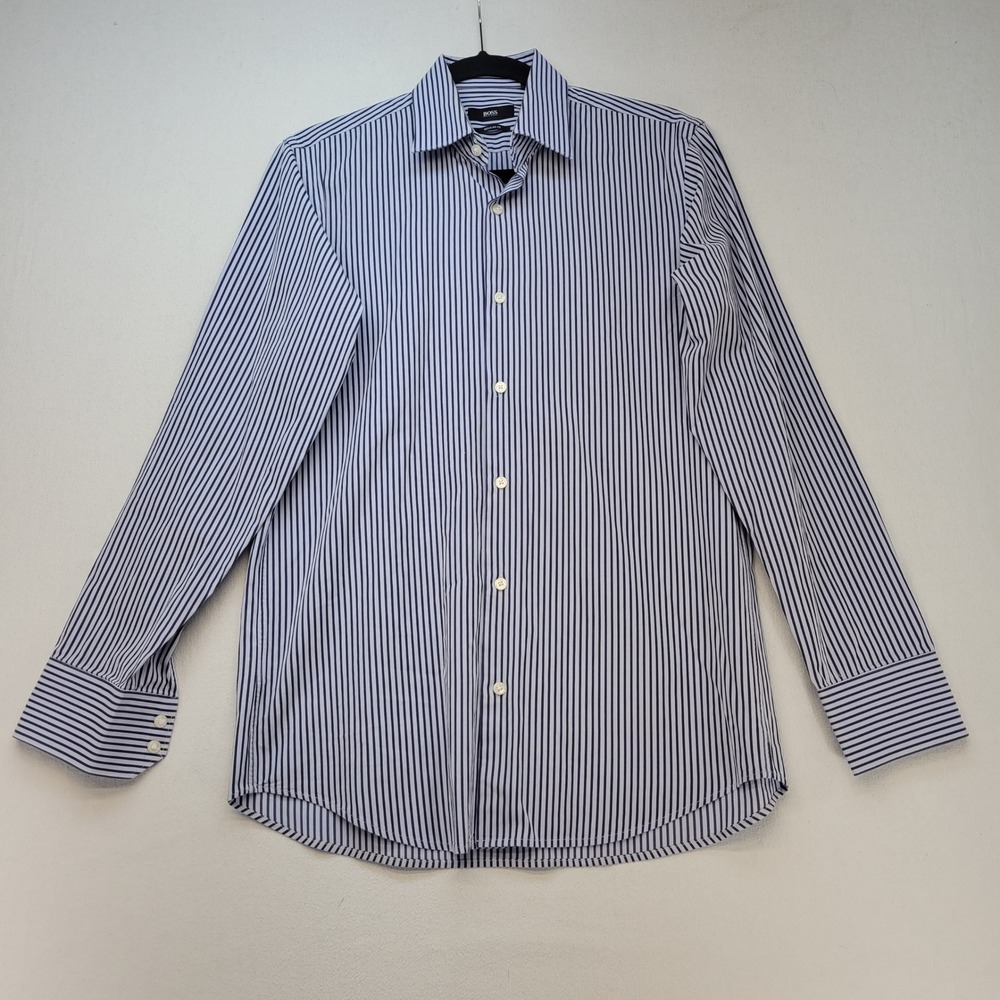 BOSS Hugo Boss Dress Shirt Mens 15 32/33 Blue Striped Regular Fit Cotton